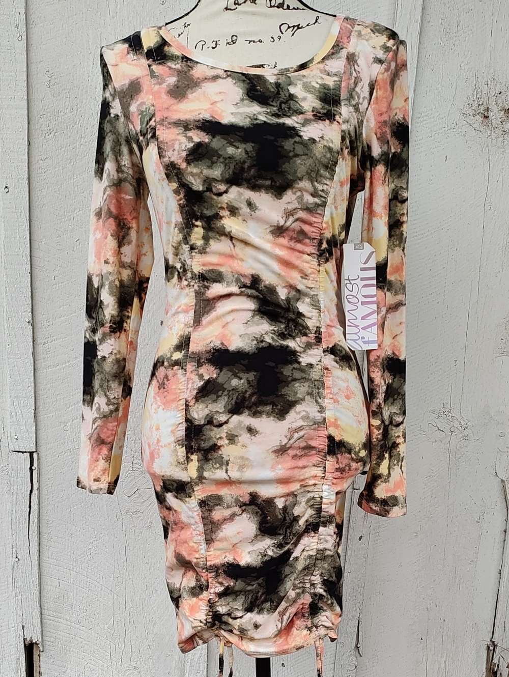 NWT Almost Famous Ruched Long Sleeve Bodycon Dress in Coral, Black & Cream